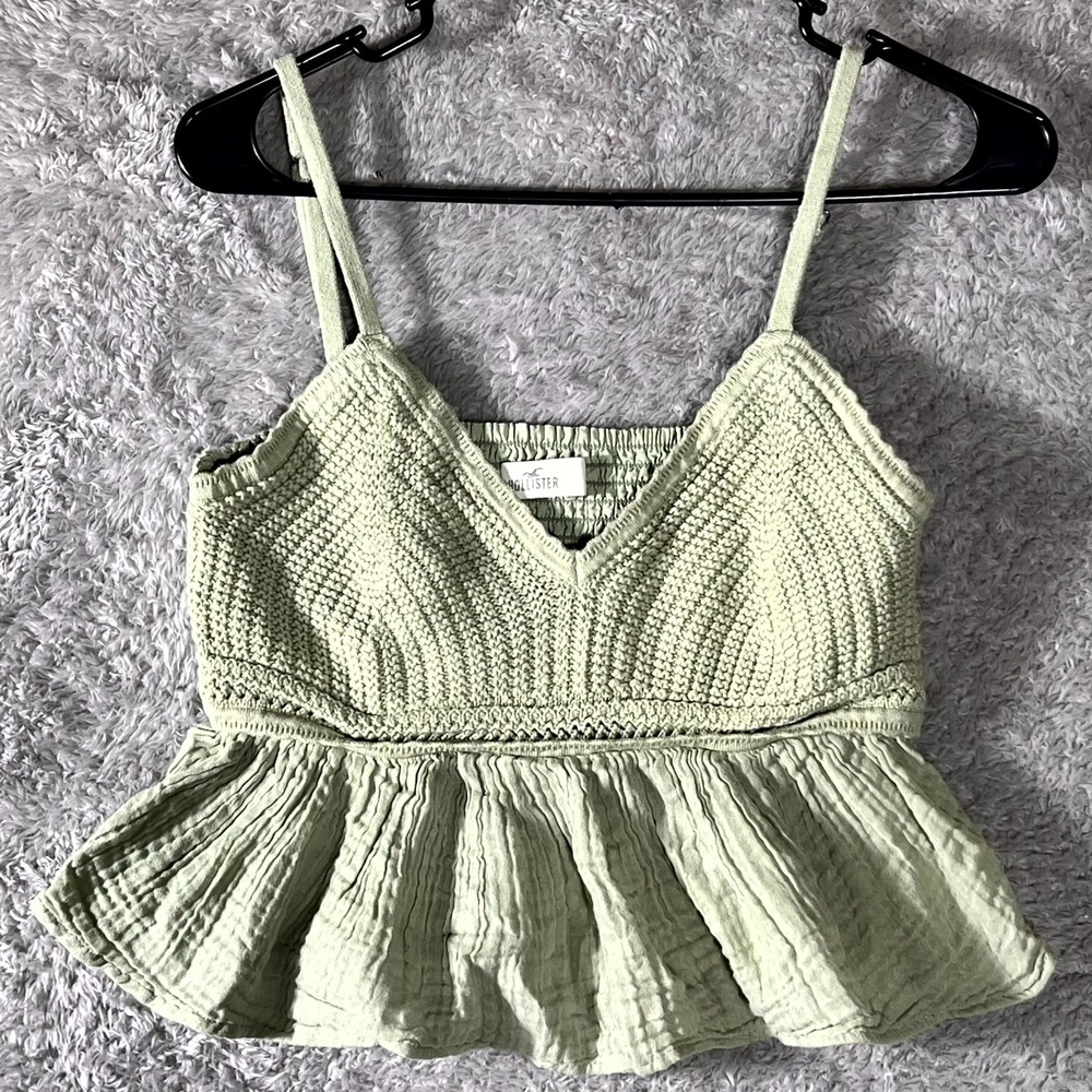 Hollister Peplum Camisole Top Women Large Sage Green Knit Smoked Spaghetti Strap